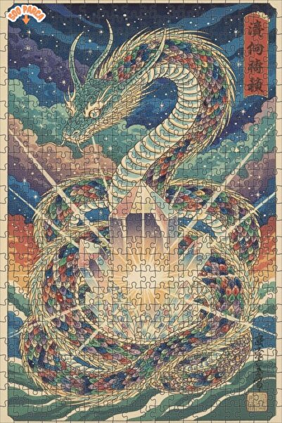 Teona Ahşap Dragon Crystal Energy Watercolor Look Double-Deck Framed Wooden P...