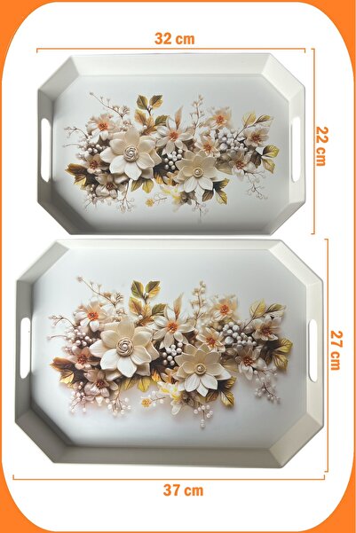 EZMK EV GEREÇLERİ Çay Kahve Sunum Tepsisi, Beyaz Renk, 8 Köşe, 2'li Set