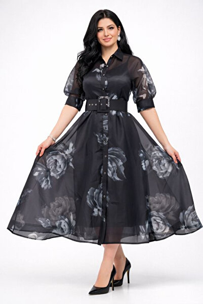Stylish Stylish chiffon dress, elegant black with gray roses