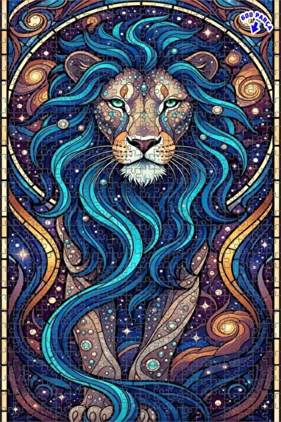 Teona Ahşap لغز خشبي فني من الزجاج الملون يصور سحر الأسد الكوني 600 قطعة 50×35