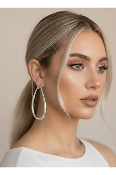 Eva Takı Store Damla Model Halka Silver Renk Çelik Küpe 6cm