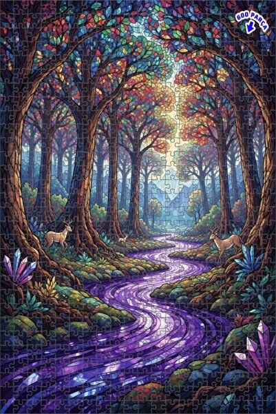 Teona Ahşap لغز خشبي مؤطر ذو طابقين بمظهر فسيفساء زجاجية لجبل الغابة السحرية ...