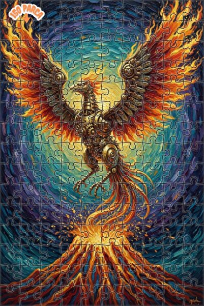 Teona Ahşap Mechanical Phoenix Fire Volcano Oil Painting Look Double Layer Fr...