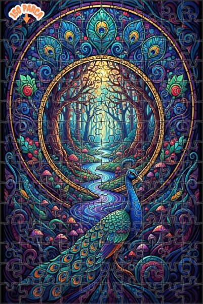 Teona Ahşap Flashy Feather Patterned Forest and Peacock Art Double Layer Fram...