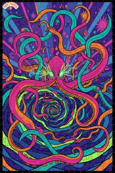 Teona Ahşap Psychedelic Octopus Art Double Layer Framed Wooden Puzzle 500 Pie...
