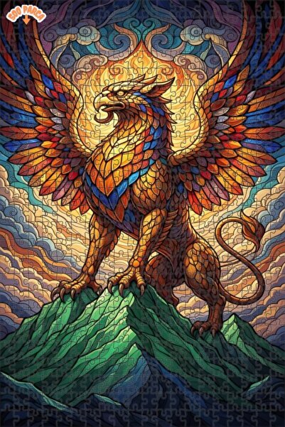 Teona Ahşap Mystical Griffin Glass Mosaic Look Wooden Puzzle Double Layer Fra...