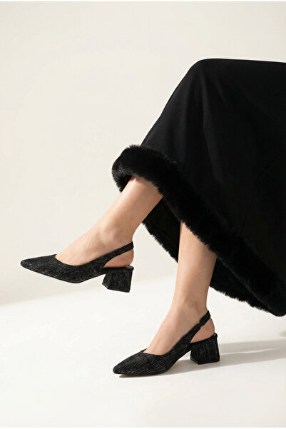 LUVİANO Women's Nubuck Black Pointed Toe Low Heel Heeled Shoes