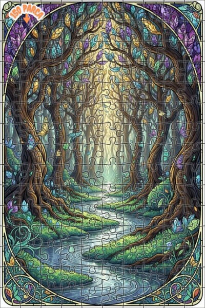 Teona Ahşap لغز خشبي بتصميم الغابة السحرية مع مظهر الزجاج الملون 150 قطعة 20×30