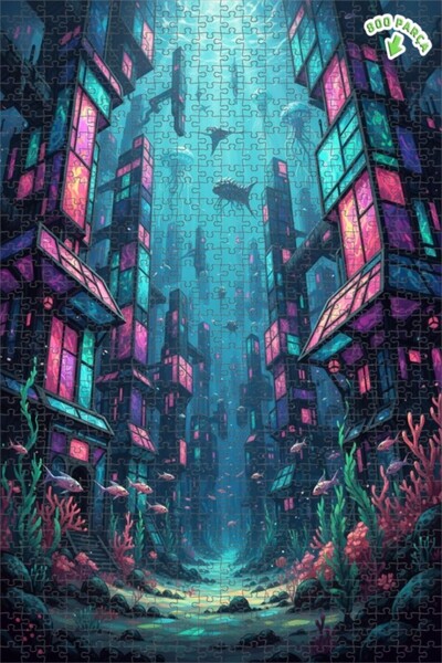 Teona Ahşap لغز فني بمظهر لوحة زيتية لمدينة مستقبلية تحت الماء 800 قطعة 70x50