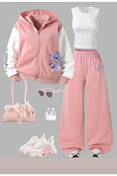VESTIR BIEN Υπέροχο εμπριμέ χειμερινό σετ 3 τεμαχίων σε ροζ και λευκό