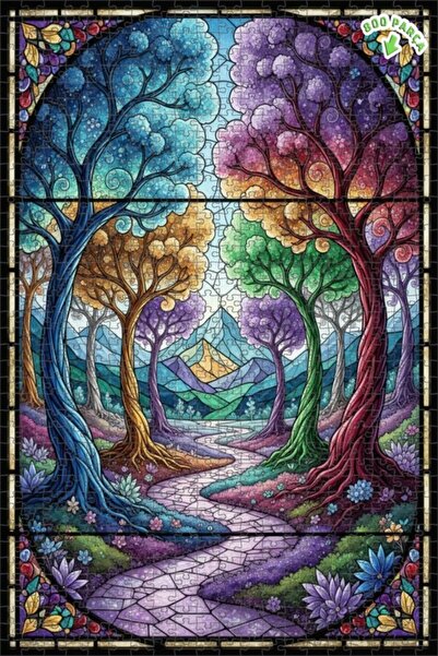 Teona Ahşap ألغاز خشبية مؤطرة بطبقتين بتصميم فن الزجاج الملون للأشجار السحرية...