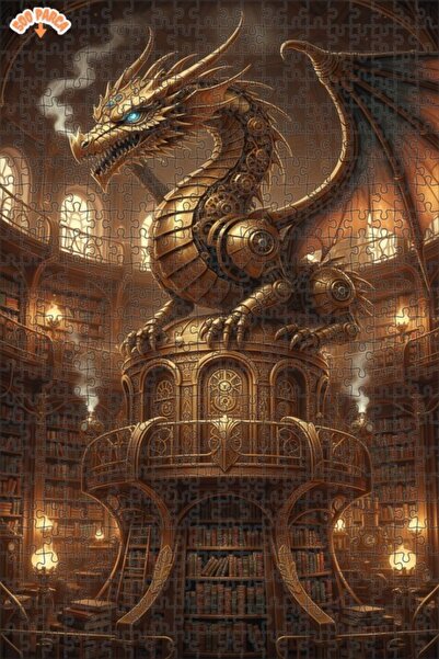 Teona Ahşap Steampunk Golden Dragon Bookshelf Puzzle Double Layer Framed Wood...