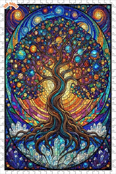 Teona Ahşap Tree of Life Universal Geometry Art Double Layer Framed Wooden Pu...