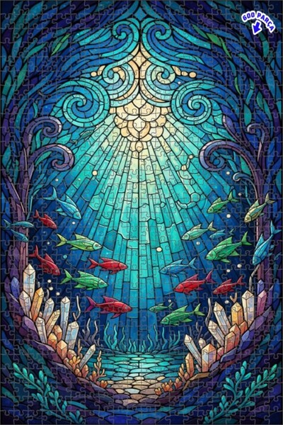 Teona Ahşap لغز خشبي مؤطر بطبقتين من الزجاج الملون على شكل سلسلة أسماك كريستا...