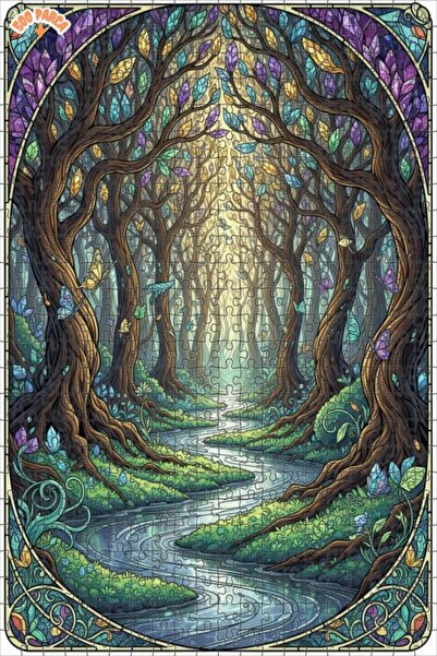 Teona Ahşap لغز خشبي بتصميم الغابة السحرية مع مظهر الزجاج الملون 500 قطعة 50×30