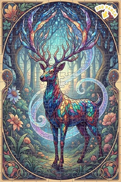 Teona Ahşap لغز خشبي مزدوج الطبقات بإطار منقوش بتصميم الغابة السحرية والغزلان...