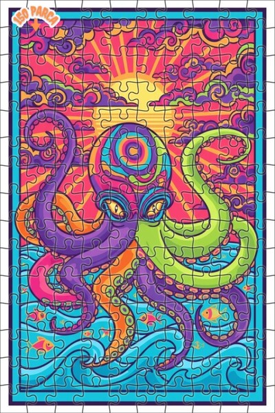 Teona Ahşap Psychedelic Octopus Art Double Layer Framed Wooden Puzzle 150 Pie...