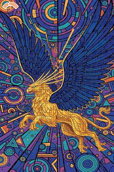 Teona Ahşap Golden Winged Griffin Modern Art Wooden Puzzle Double Layer Frame...