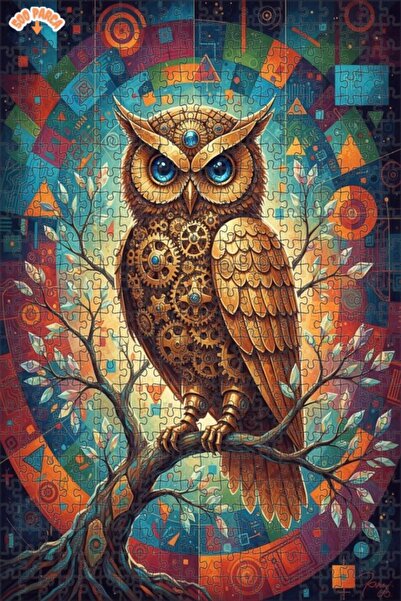 Teona Ahşap Steam Mechanical Owl Oil Painting Look Double Layer Framed Wooden...