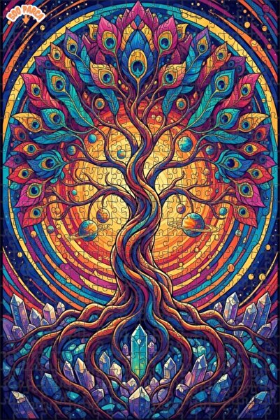 Teona Ahşap Colorful Feathered Tree Art Double Layer Framed Wooden Puzzle 500...