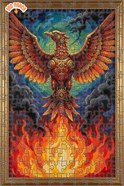 Teona Ahşap Steam Fire Phoenix Oil Painting Look Double Layer Framed Wooden P...