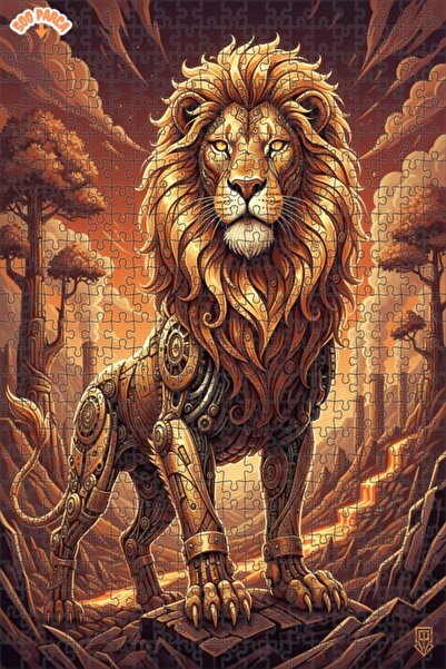 Teona Ahşap Lion Man Painted Look Steampunk Art Double Layer Framed Wooden Pu...