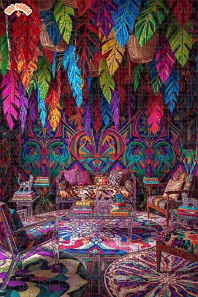 Teona Ahşap Colorful Leaves and Abstract Patterns Double Layer Framed Wooden ...