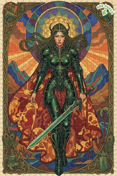 Teona Ahşap لغز خشبي مستوحى من الفن لملكة المحارب المدرعة الخضراء 800 قطعة 70x50