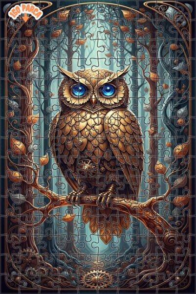 Teona Ahşap Magical Mechanical Owl Oil Painting Look Double Layer Framed Wood...