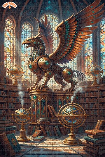 Teona Ahşap Mechanical Winged Griffin Library Art Double Decker Framed Wooden...