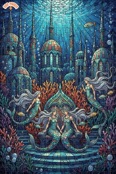 Teona Ahşap لغز خشبي مؤطر بطبقتين بتصميم فن الزجاج الملون لقصر حورية البحر ال...