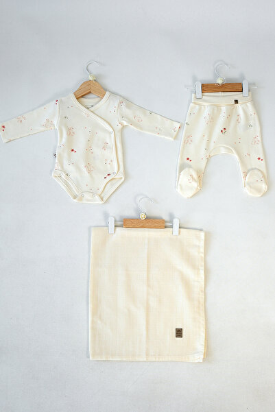 Caramell ÇİÇEK DESENLİ YENİDOĞAN 3'LÜ TAKIM-%100 PAMUKLU ZIBIN,PANTALON VE MÜ...