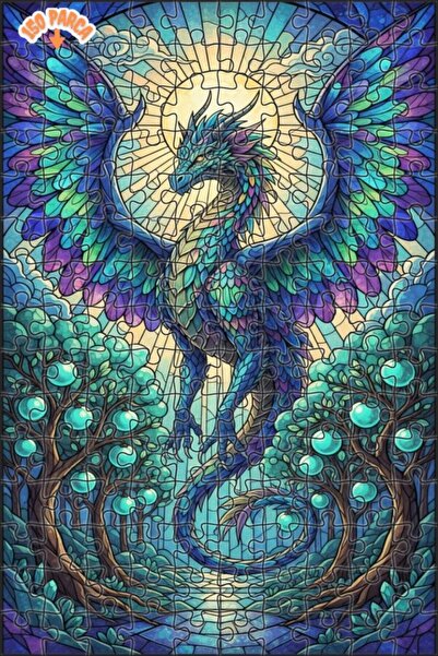 Teona Ahşap لغز خشبي مؤطر بطبقتين من فن الزجاج الملون على شكل تنين سحري 150 ق...