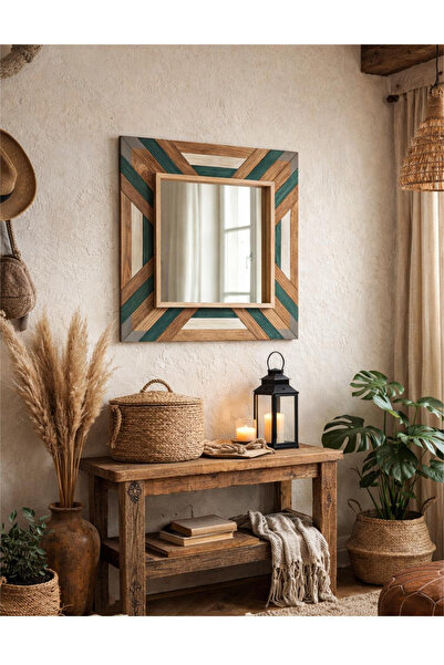 woodalbuba Duvar Aynası Ahşap Büyük Boy Bohem Dekoratif Ayna (50*50)