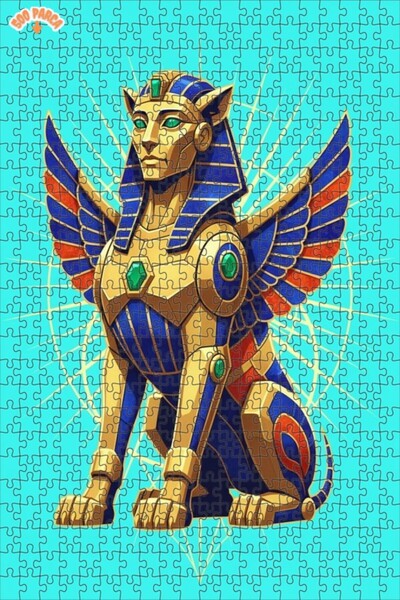 Teona Ahşap Golden Winged Egyptian Sphinx Digital Art Double Layer Framed Woo...