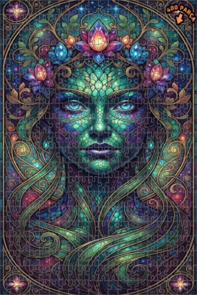 Teona Ahşap لغز خشبي مؤطر بطبقتين بمظهر فسيفساء زجاجية، صورة امرأة خضراء ساحر...