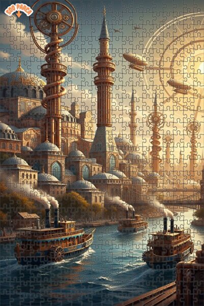 Teona Ahşap لوحة زيتية لمنظر مدينة مستقبلية مع سفينة بخارية، لغز خشبي بإطار م...