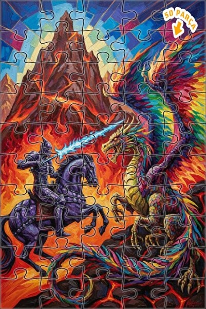 Teona Ahşap لغز فني بمظهر لوحة زيتية لفارس صائد التنين 50 قطعة 15×25