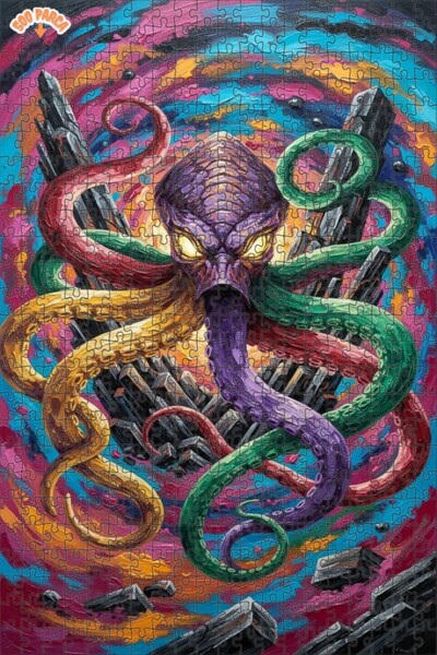 Teona Ahşap لغز خشبي بتصميم كراكن مخيف بمظهر الزيت الملون، 500 قطعة مع إطار م...