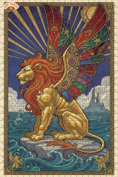 Teona Ahşap لغز خشبي مؤطر بطبقتين بتصميم الأسد الذهبي المجنح 500 قطعة 50×30