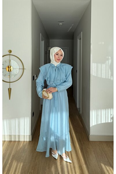 merve ada design Yaka Fırfır Detaylı Organze Tül Tesettür Elbise İNCE ASTARLI