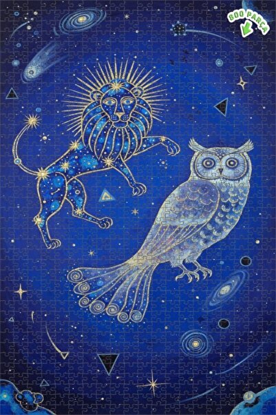 Teona Ahşap Lion and Owl Galaxy Art Oil Painting Double-Deck Framed Wooden Pu...