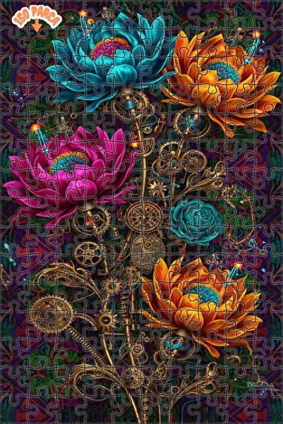 Teona Ahşap Steam Punk Flowers Double-Deck Framed Wooden Puzzle 150 Pieces 20X30