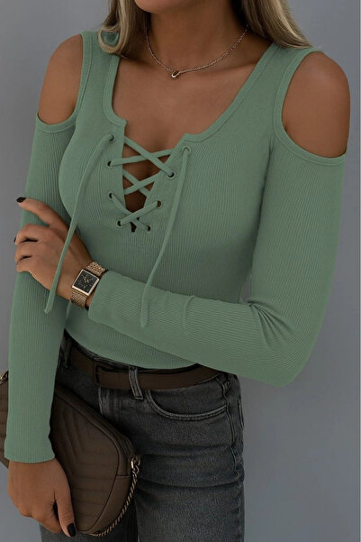 nedo7 Women's Off the Shoulders Long Sleeve Lace up Camisole Blouse