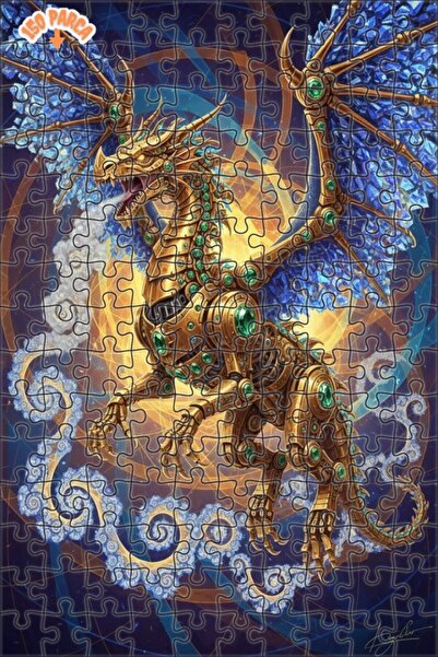 Teona Ahşap Golden Mechanical Dragon Art Print Double Layer Framed Wooden Puz...