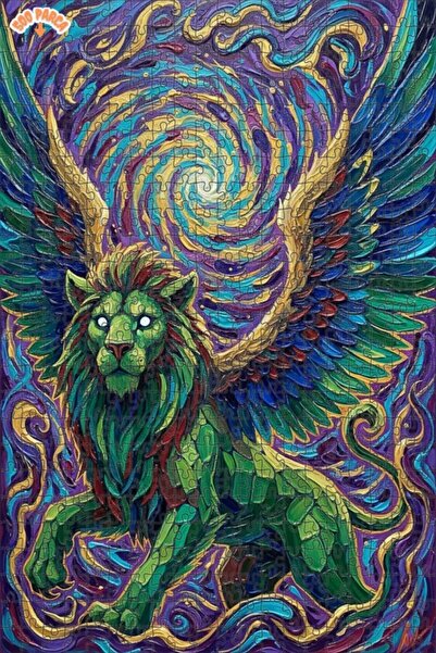 Teona Ahşap لغز خشبي على شكل أسد أخضر مجنح بمظهر لوحة زيتية 500 قطعة 50×30