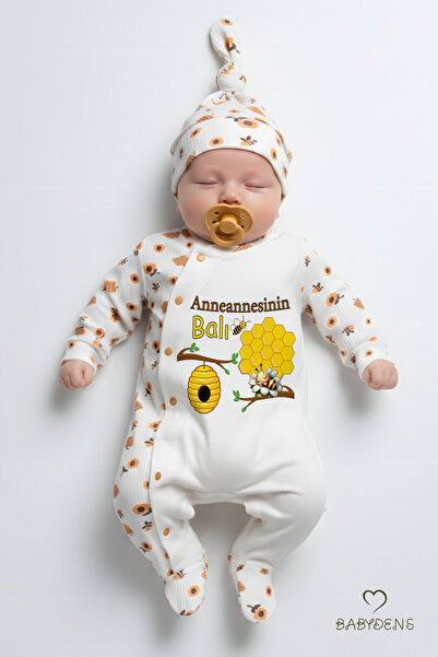BABYDEN'S Grandmother's Honey Written Newborn Baby Romper Hat Set Bee Pattern...
