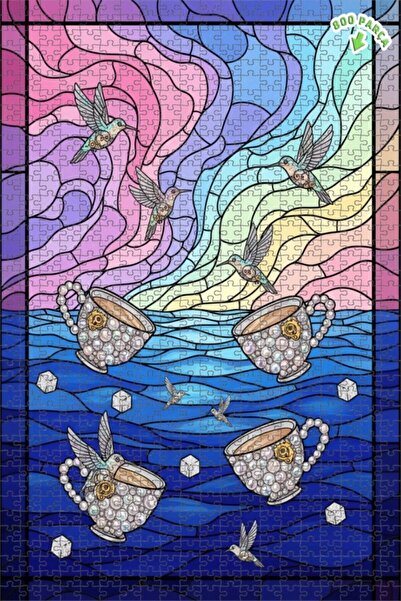 Teona Ahşap لغز خشبي فني من الزجاج الملون بتصميم الطيور السحرية وأكواب اللؤلؤ...