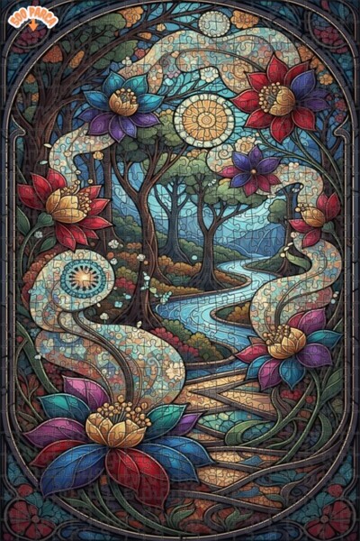 Teona Ahşap لغز خشبي بإطار مزدوج الطبقات بمظهر فسيفساء زجاجي لجبل الغابة السح...