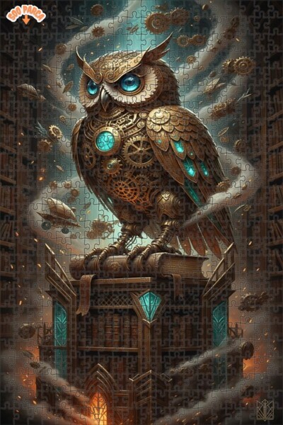 Teona Ahşap Mechanical Owl Steampunk Library Double Layer Framed Wooden Puzzl...